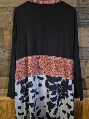 Women’s Colorblock Cow Print Long Cardigan – Black, Rust, White